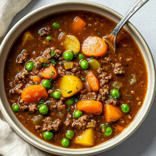 A bowl of hamburger stew with peas and carrots.