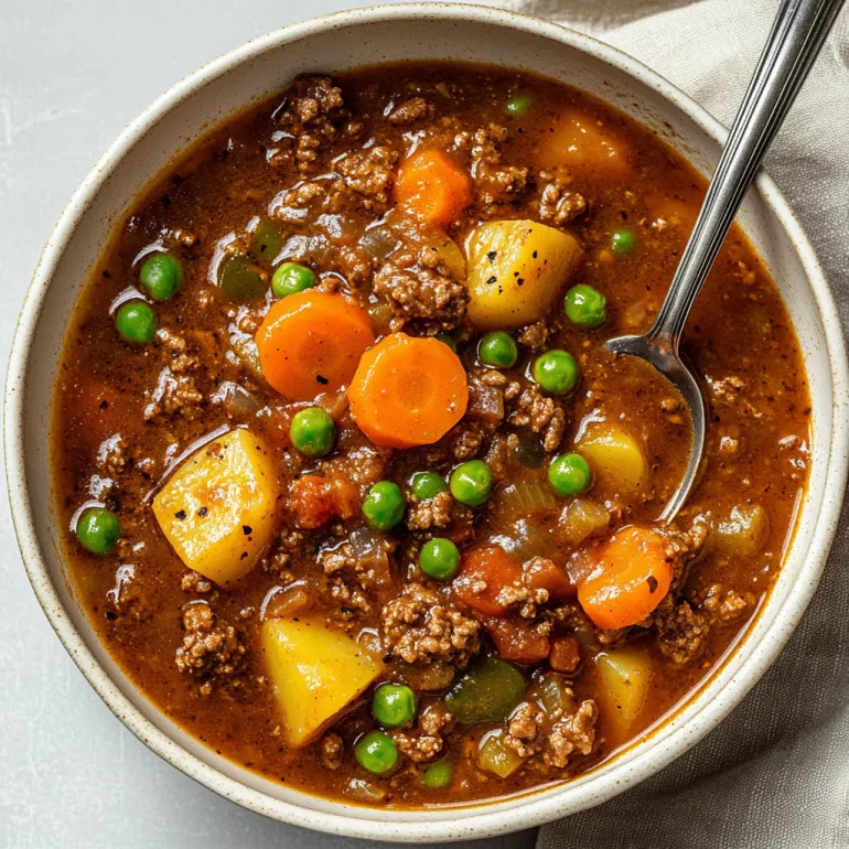 A bowl of hamburger stew with peas and carrots.