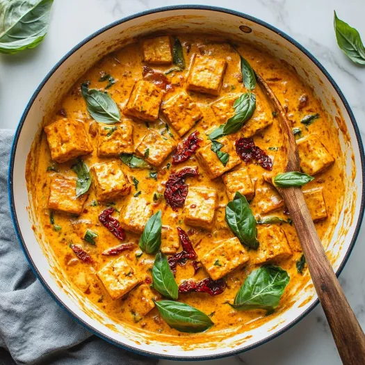 A bowl of tofu with red peppers and green leaves.