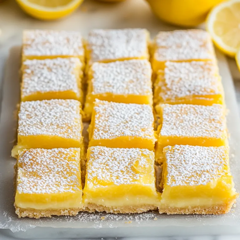 Lemon bars with white powdered sugar on top.