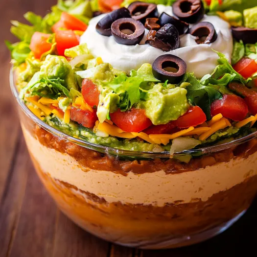A 7 layer dip with black olives, guacamole, sour cream, and salsa.