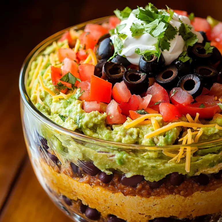 A 7 layer dip with guacamole, sour cream, cheese, olives, tomatoes, and jalapenos.