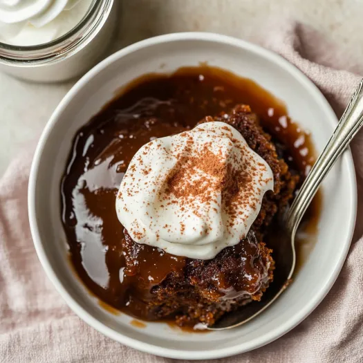 A bowl of gingerbread pudding cake with whipped cream on top.