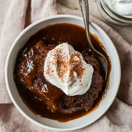 A bowl of gingerbread pudding cake with whipped cream on top.