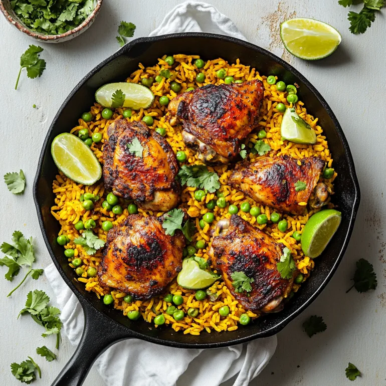 A pan of chicken with rice and peas.