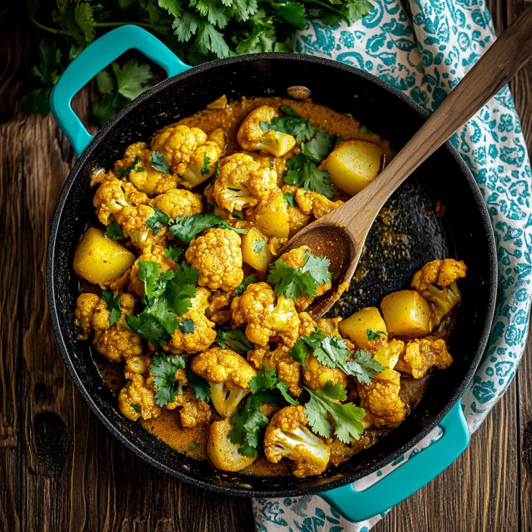 A pan of aloo gobi with a wooden table.