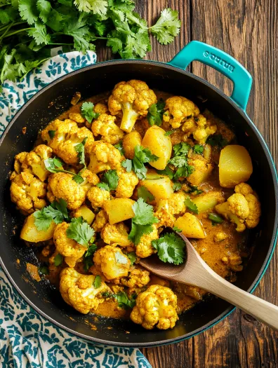 A pan of aloo gobi, a dish made with cauliflower and potatoes.