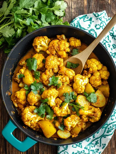 A pan of aloo gobi, a dish made of cauliflower and potatoes.