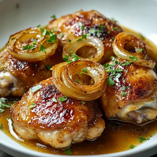 Chicken thighs with onions and herbs.