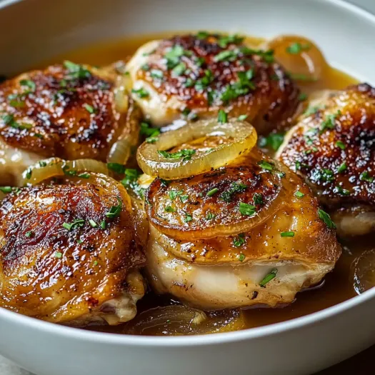 A bowl of chicken thighs with onions and herbs.