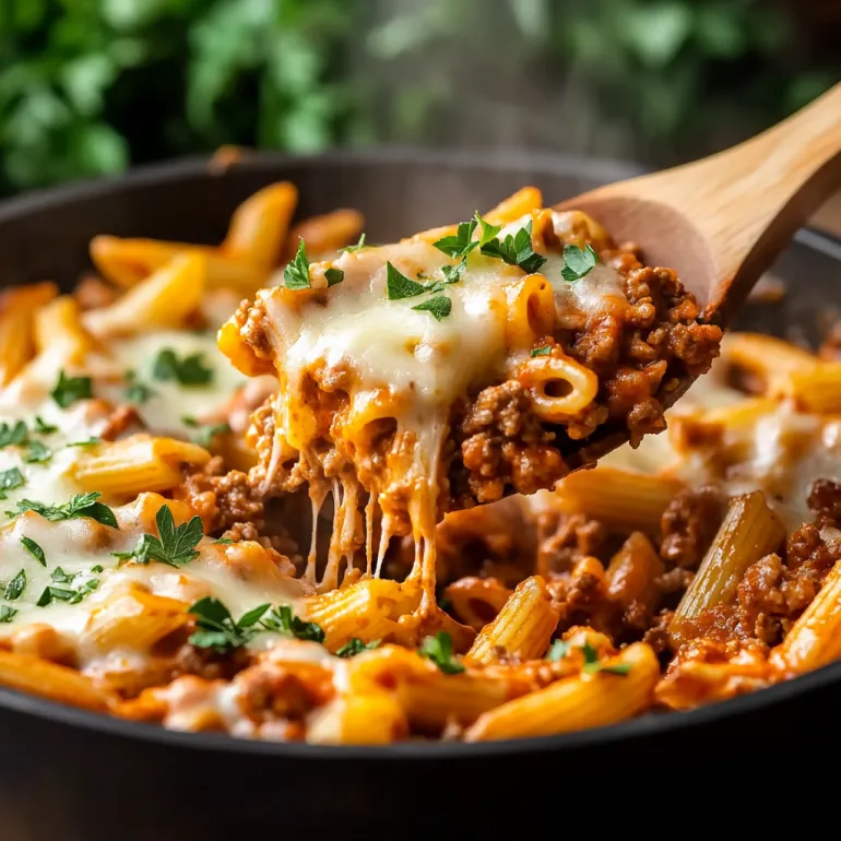 A close up of a beef enchilada pasta one-pan meal.