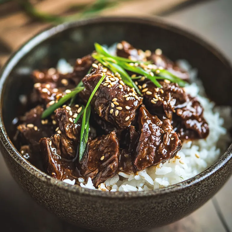 A bowl of beef with rice and green onions.