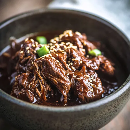 A bowl of beef with sesame seeds.