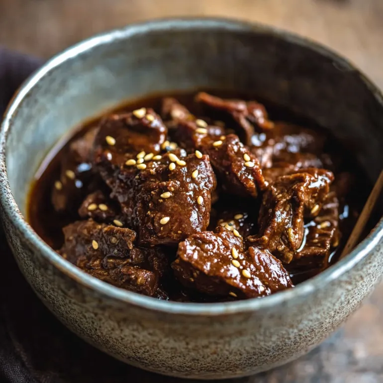 A bowl of beef with a spoon in it.