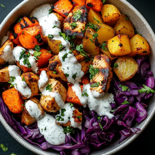 A bowl of food with chicken and vegetables.
