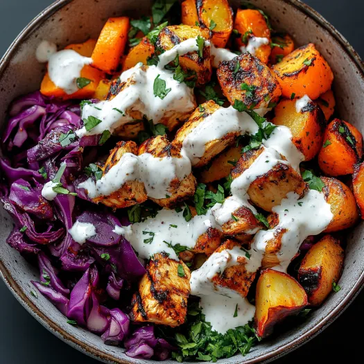 A bowl of food with chicken and vegetables.