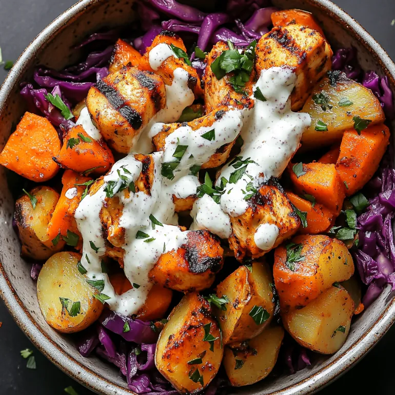 A bowl of food with chicken and vegetables.