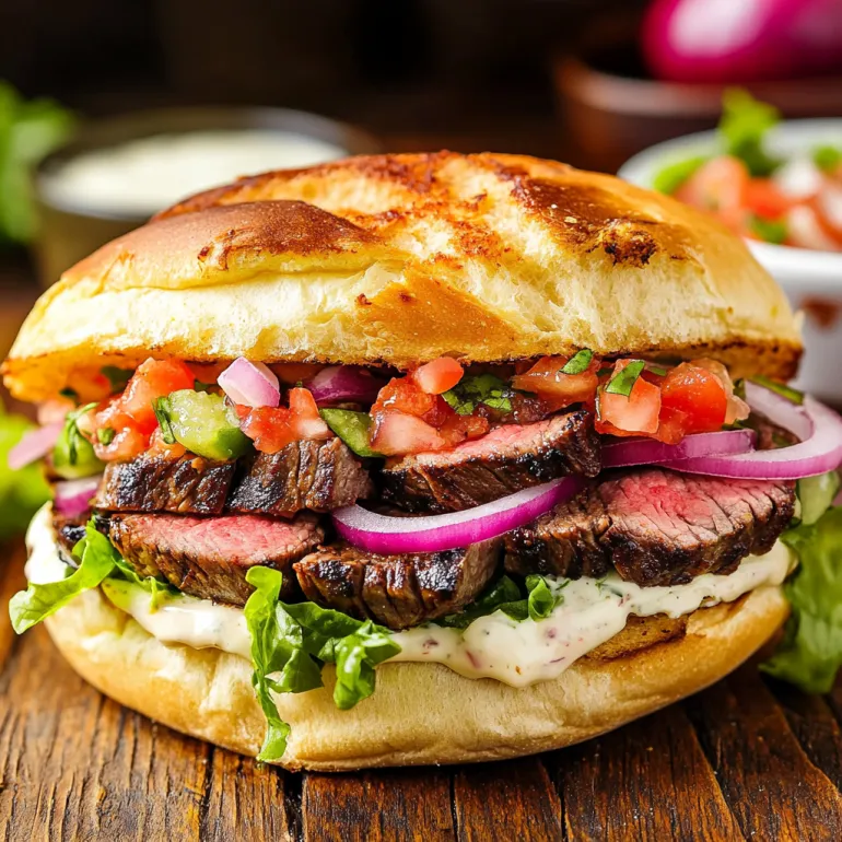 A Mexican steak torta sandwich with tomatoes, onions, and lettuce.