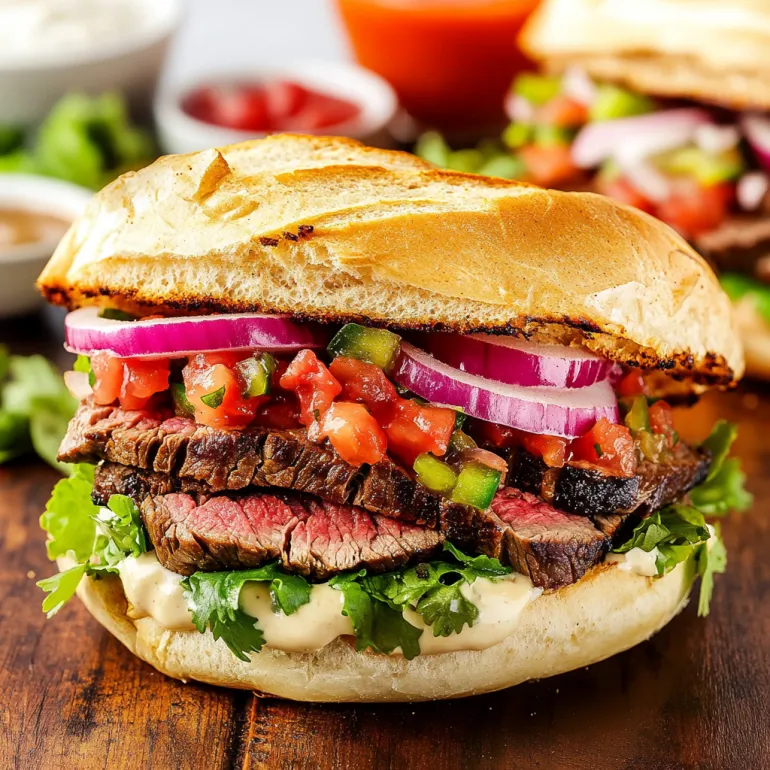 A Mexican steak torta sandwich with tomatoes, onions, lettuce, and jalapenos.