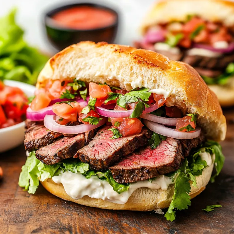A Mexican steak torta sandwich with onions and tomatoes.