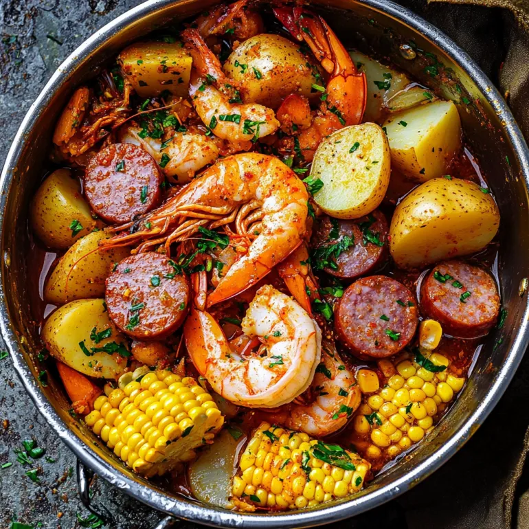 A close up of a delicious grilled shrimp boil in foil packets.