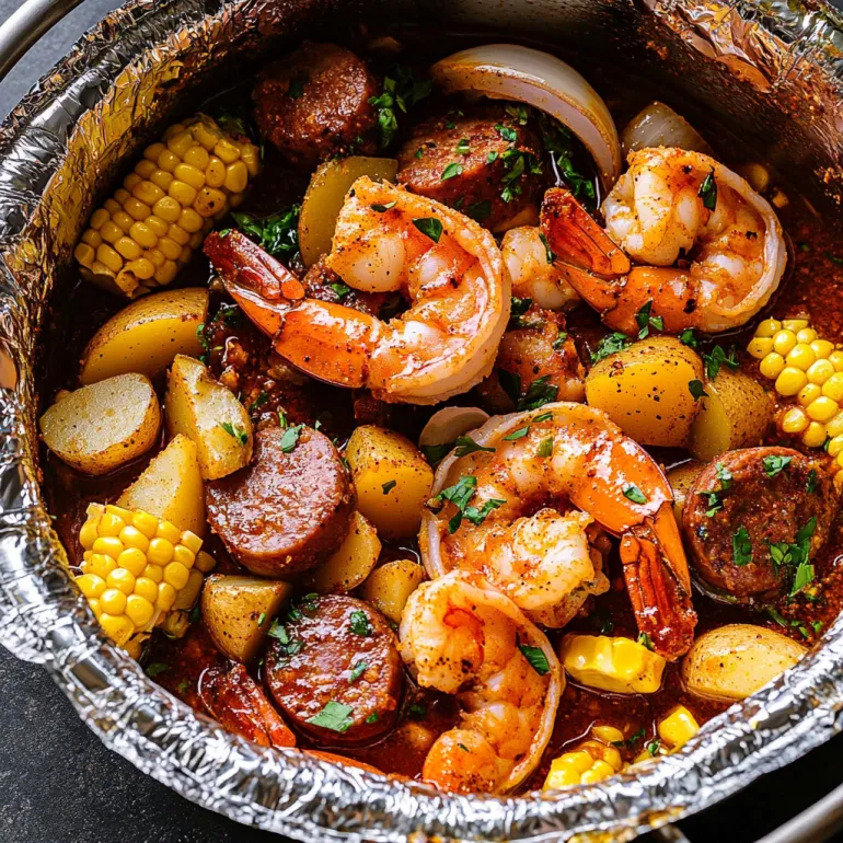 A foil packet of grilled shrimp and vegetables.