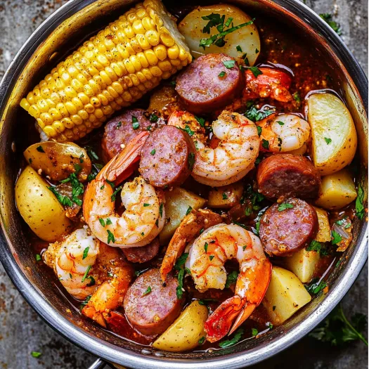 A bowl of shrimp and corn.