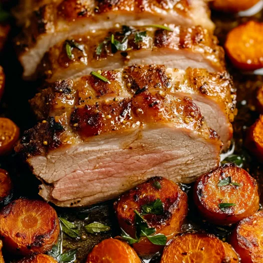 A roast of meat with a green herb on top.
