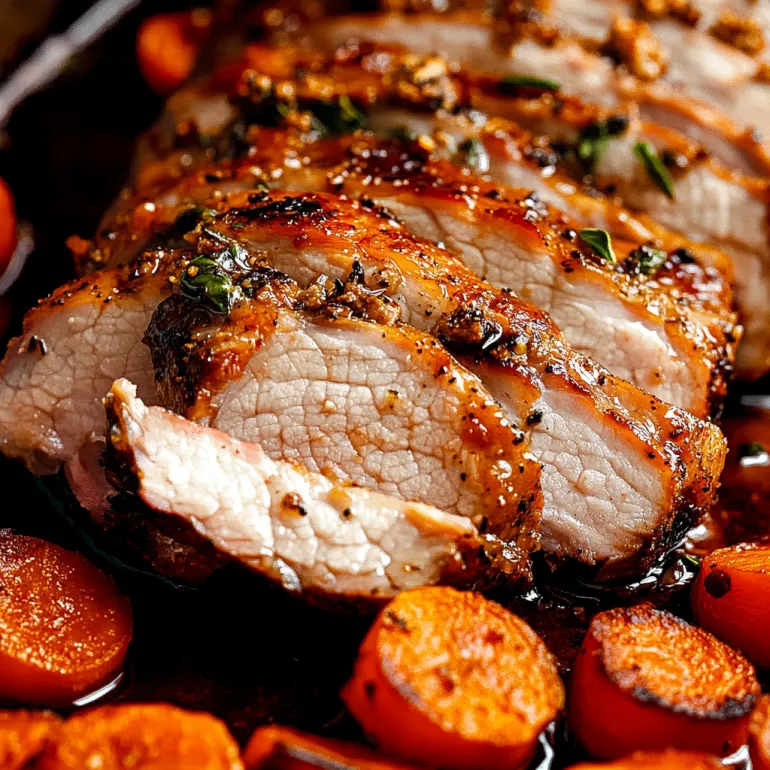 A pork roast with seasoning and carrots.