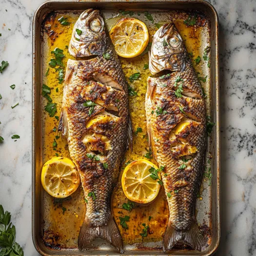 A pan of fish with lemon slices on top.