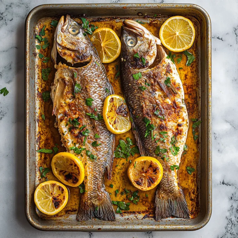 A pan of fish with lemon slices on top.