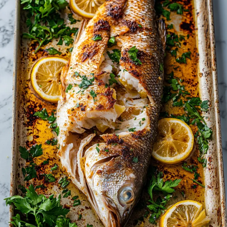 A pan of fish with lemon slices on top.