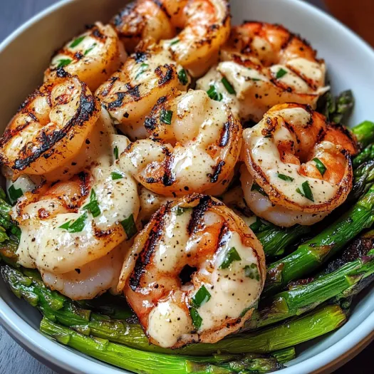 A bowl of grilled shrimp with asparagus and creamy garlic sauce.