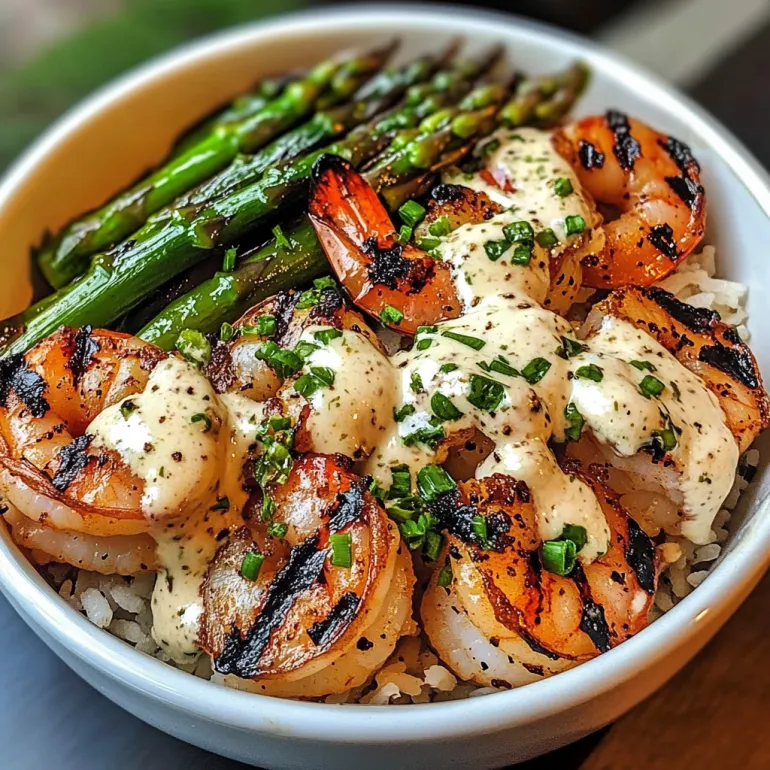 A bowl of shrimp, asparagus, and garlic sauce.