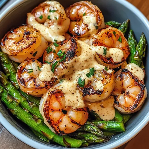 A bowl of shrimp, asparagus, and garlic sauce.