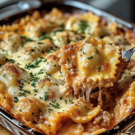 A close up of a delicious looking Million Dollar Ravioli Casserole.