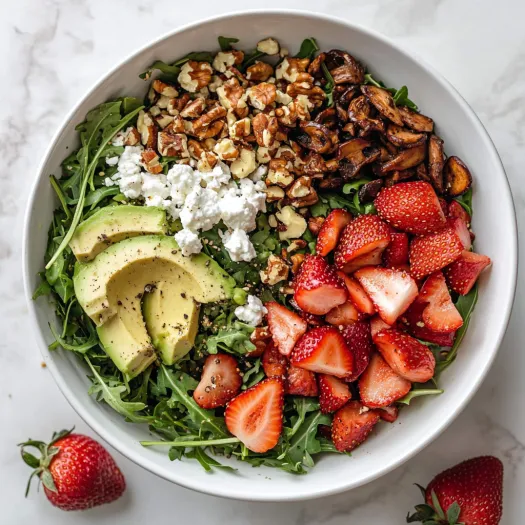 A bowl of salad with strawberries, avocado, and nuts.