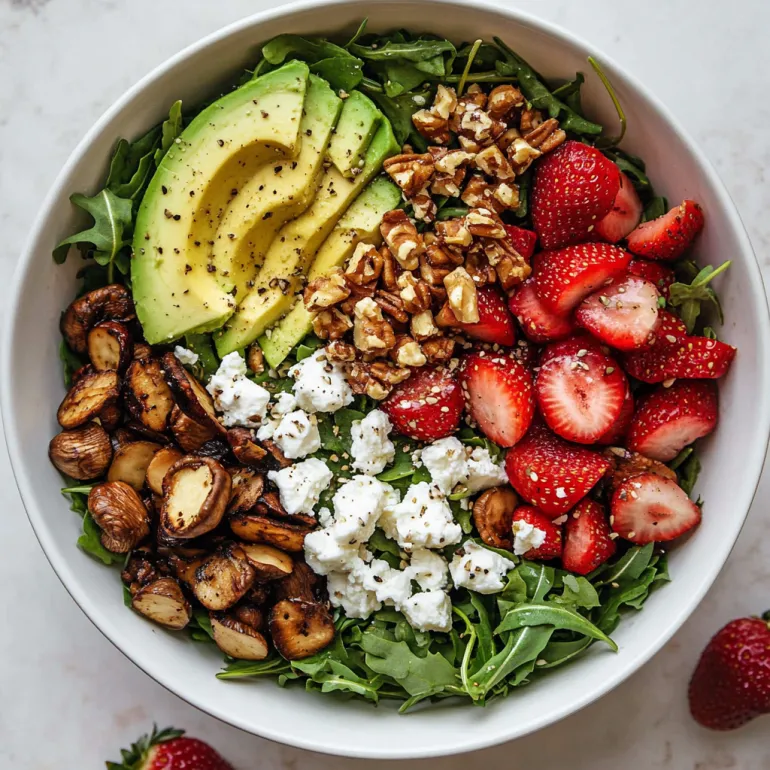 A bowl of strawberry crunch salad with champagne vinaigrette.