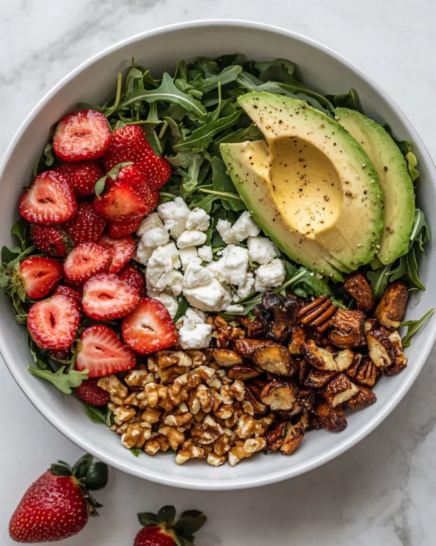 A bowl of salad with strawberries, cheese, and avocado.