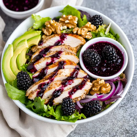 A plate of food with chicken, blackberries, and walnuts.