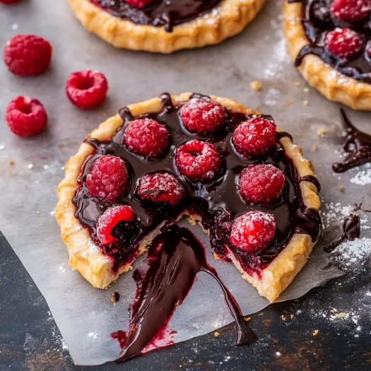 A slice of dark chocolate raspberry puff pastry tart.