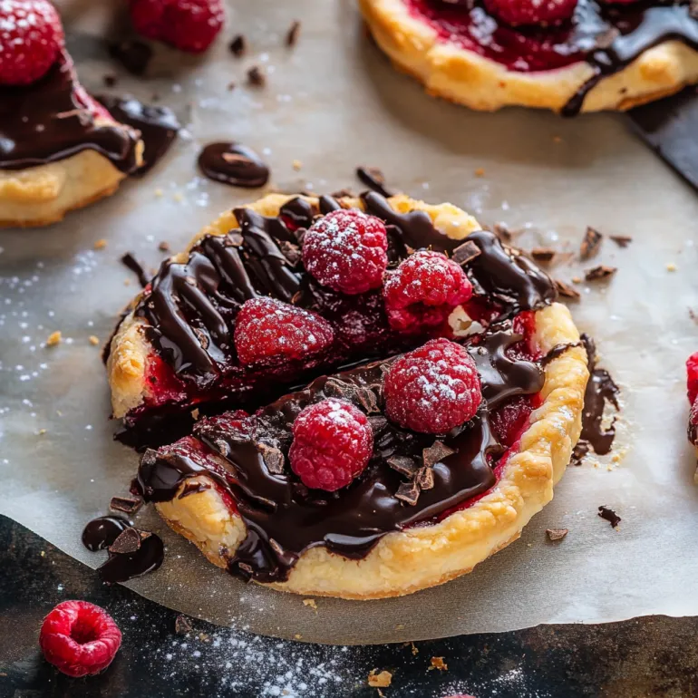 A close up of a chocolate and raspberry pastry.