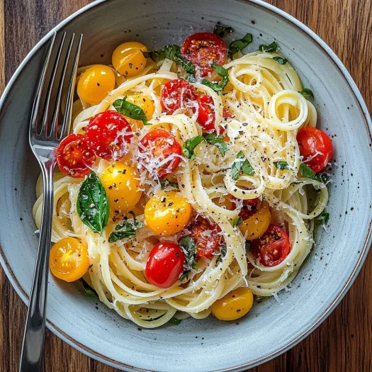 A bowl of pasta with tomatoes and basil.