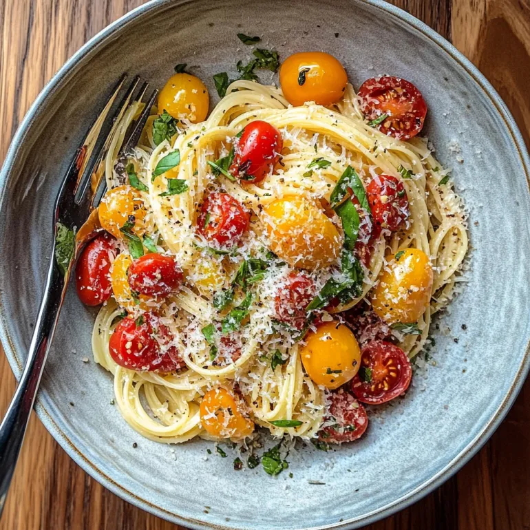 A bowl of pasta with tomatoes and basil.