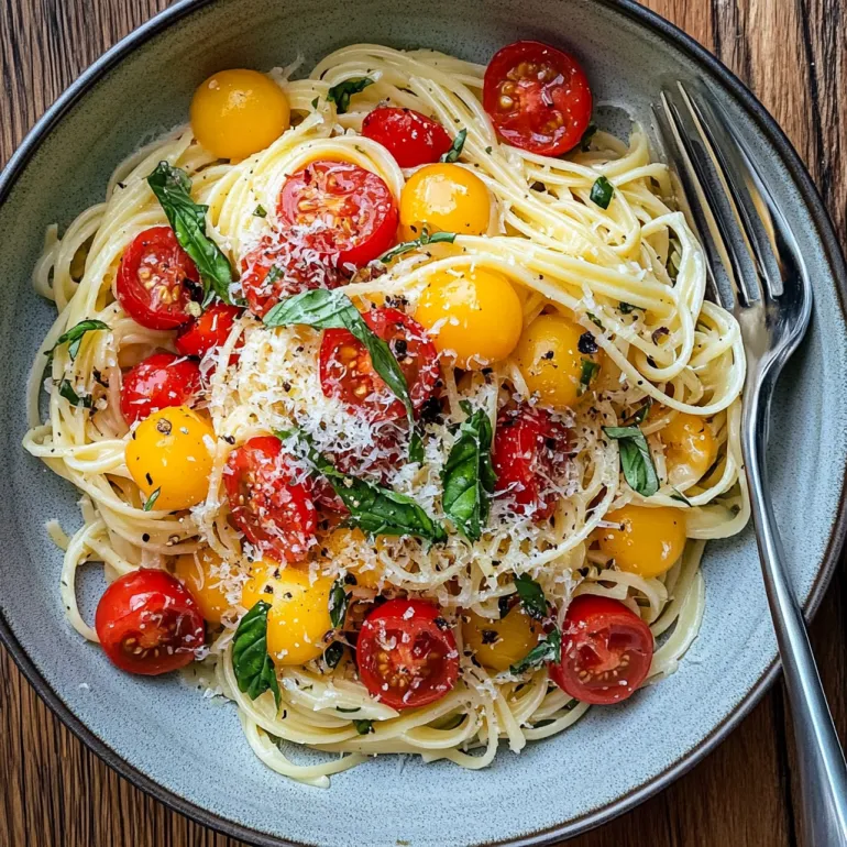 A bowl of pasta with tomatoes and basil.