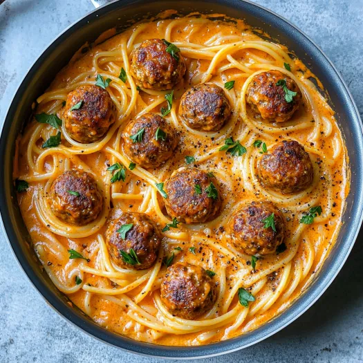 A bowl of creamy spaghetti and meatballs.