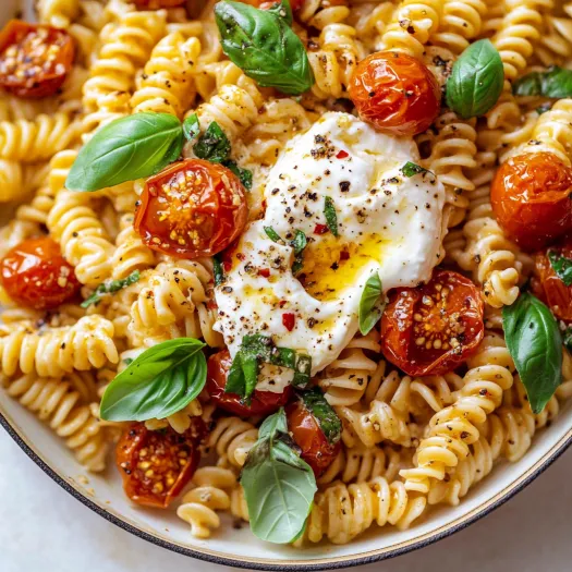 A bowl of pasta with tomatoes and cheese.
