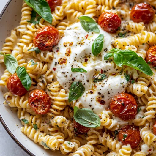 A bowl of pasta with tomatoes and cheese.