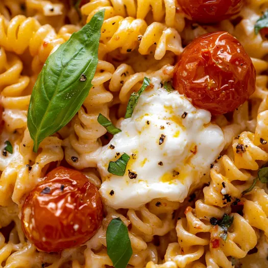 A dish of pasta with tomatoes and cheese.