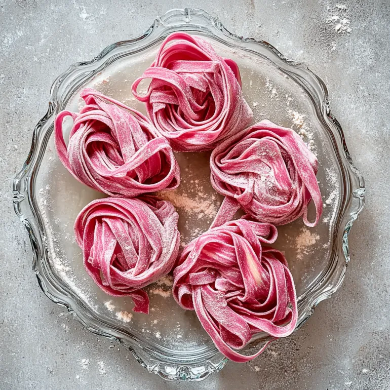 A plate of homemade beet pasta dough.